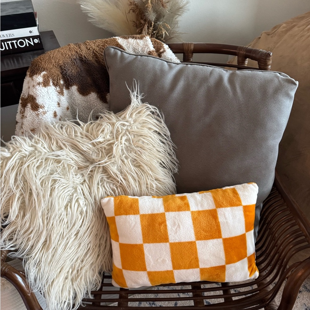 Adorable Small Orange and White Checkered Throw Pillow - Like New Condition